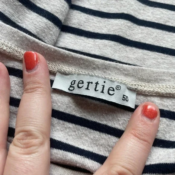 Blouse M Gertie Tan Navy Blue Striped Rhinestone Detail 3/4 Sleeve Cotton Shirt - Picture 6 of 8